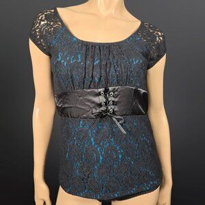 Y2K Black Blue Lace Gothic Fairy Top Size M Lace Up Corset Witchy Whimsigoth